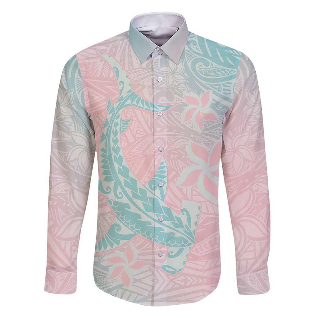 Baby Pink Gradient Polynesia Family Matching Short Sleeve Bodycon Dress and Hawaiian Shirt Hawaiian Tribal Hammerhead Shark Tattoo LT14 Dad's Shirt - Long Sleeve Baby Pink - Polynesian Pride