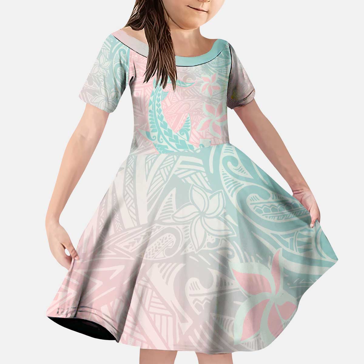 Baby Pink Gradient Polynesia Kid Short Sleeve Dress Hawaiian Tribal Hammerhead Shark Tattoo