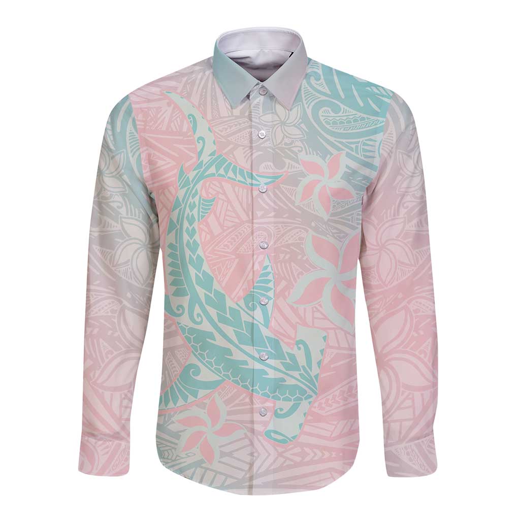 Baby Pink Gradient Polynesia Long Sleeve Button Shirt Hawaiian Tribal Hammerhead Shark Tattoo LT14 Unisex Baby Pink - Polynesian Pride