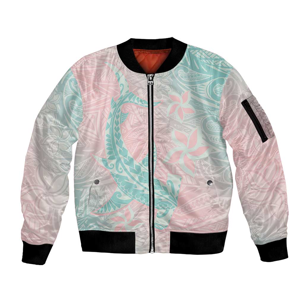Baby Pink Gradient Polynesia Sleeve Zip Bomber Jacket Hawaiian Tribal Hammerhead Shark Tattoo