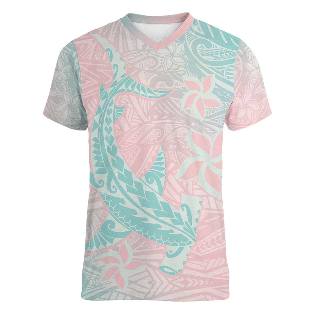 Baby Pink Gradient Polynesia Women V-Neck T-Shirt Hawaiian Tribal Hammerhead Shark Tattoo LT14 Female Baby Pink - Polynesian Pride