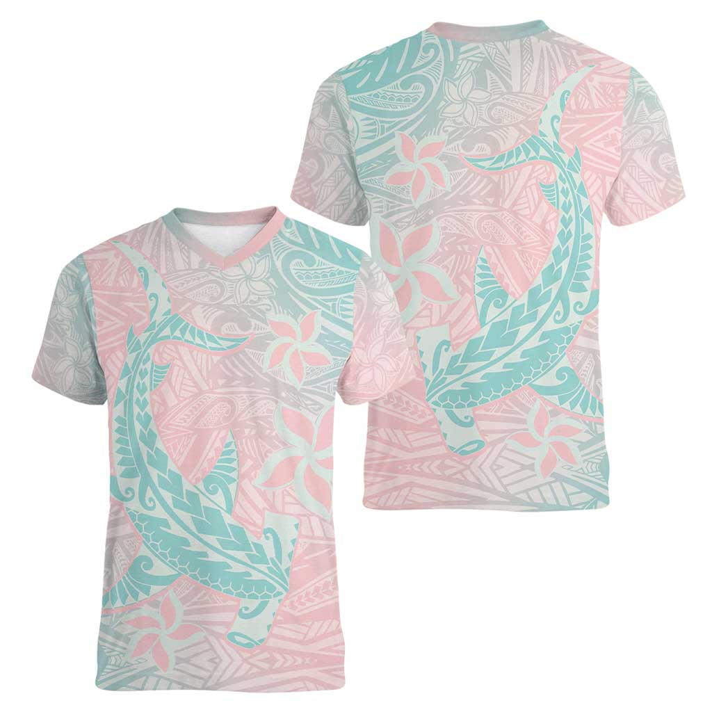 Baby Pink Gradient Polynesia Women V-Neck T-Shirt Hawaiian Tribal Hammerhead Shark Tattoo LT14 - Polynesian Pride