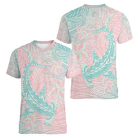 Baby Pink Gradient Polynesia Women V-Neck T-Shirt Hawaiian Tribal Hammerhead Shark Tattoo LT14 - Polynesian Pride