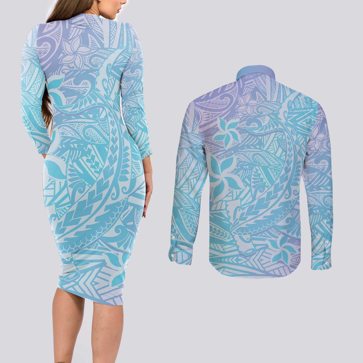 Baby Blue Gradient Polynesia Couples Matching Long Sleeve Bodycon Dress and Long Sleeve Button Shirt Hawaiian Tribal Hammerhead Shark Tattoo LT14 - Polynesian Pride