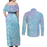 Baby Blue Gradient Polynesia Couples Matching Off Shoulder Maxi Dress and Long Sleeve Button Shirt Hawaiian Tribal Hammerhead Shark Tattoo LT14 - Polynesian Pride
