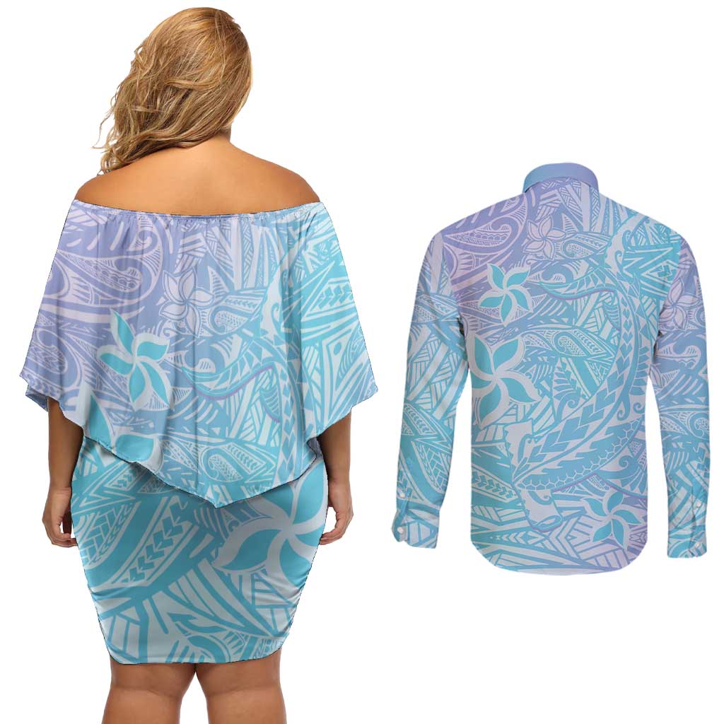 Baby Blue Gradient Polynesia Couples Matching Off Shoulder Short Dress and Long Sleeve Button Shirt Hawaiian Tribal Hammerhead Shark Tattoo LT14 - Polynesian Pride