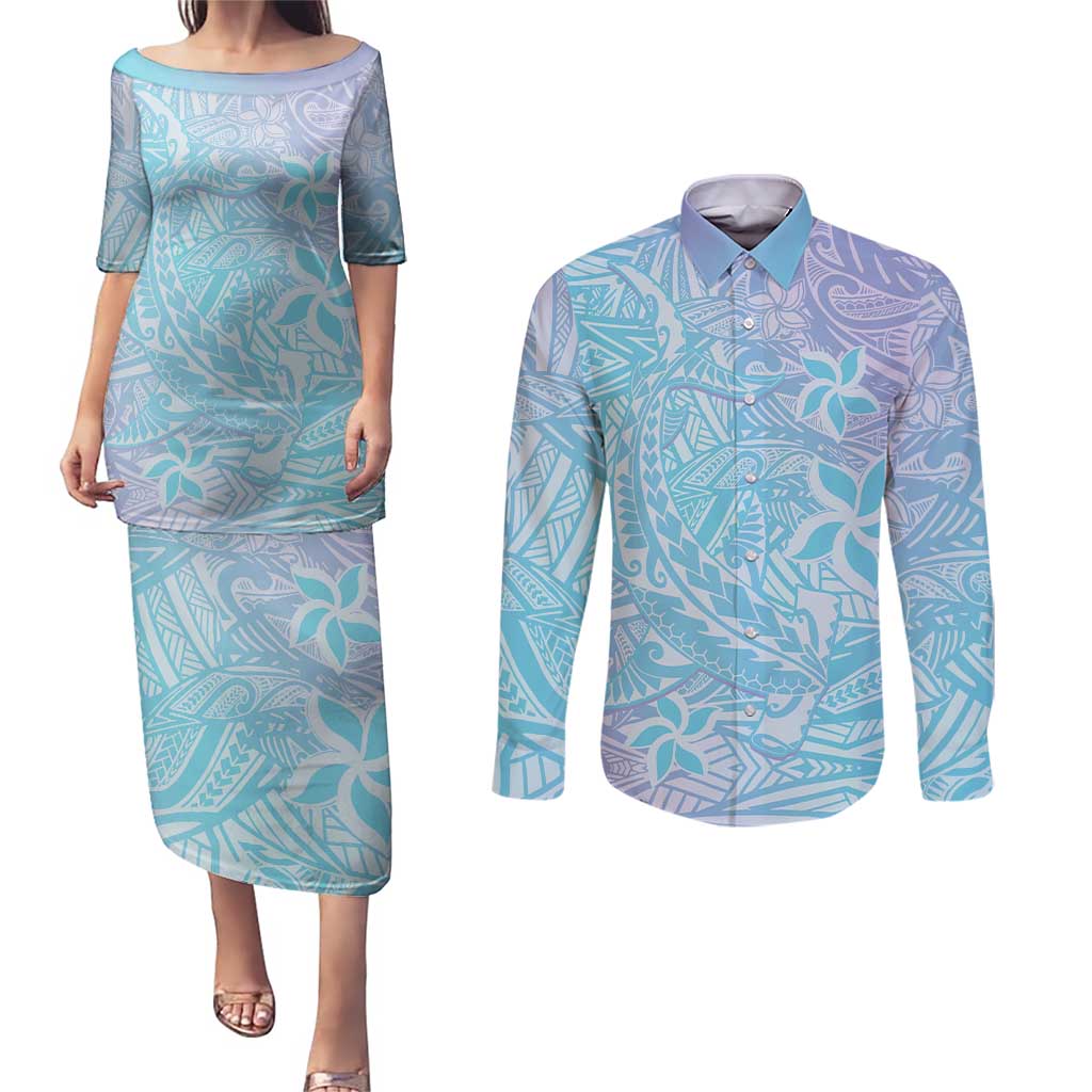 Baby Blue Gradient Polynesia Couples Matching Puletasi and Long Sleeve Button Shirt Hawaiian Tribal Hammerhead Shark Tattoo