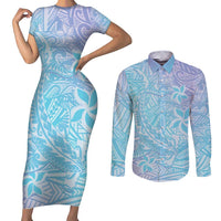 Baby Blue Gradient Polynesia Couples Matching Short Sleeve Bodycon Dress and Long Sleeve Button Shirt Hawaiian Tribal Hammerhead Shark Tattoo LT14 Baby Blue - Polynesian Pride