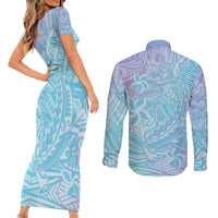 Baby Blue Gradient Polynesia Couples Matching Short Sleeve Bodycon Dress and Long Sleeve Button Shirt Hawaiian Tribal Hammerhead Shark Tattoo LT14 - Polynesian Pride
