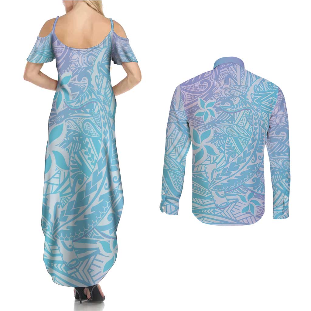 Baby Blue Gradient Polynesia Couples Matching Summer Maxi Dress and Long Sleeve Button Shirt Hawaiian Tribal Hammerhead Shark Tattoo LT14 - Polynesian Pride