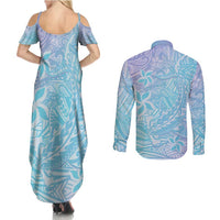Baby Blue Gradient Polynesia Couples Matching Summer Maxi Dress and Long Sleeve Button Shirt Hawaiian Tribal Hammerhead Shark Tattoo LT14 - Polynesian Pride