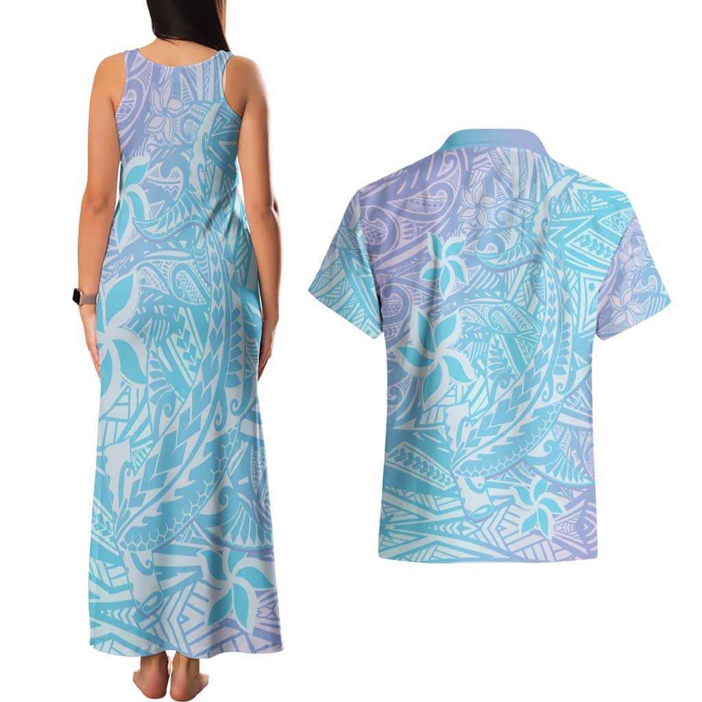 Baby Blue Gradient Polynesia Couples Matching Tank Maxi Dress and Hawaiian Shirt Hawaiian Tribal Hammerhead Shark Tattoo LT14 - Polynesian Pride