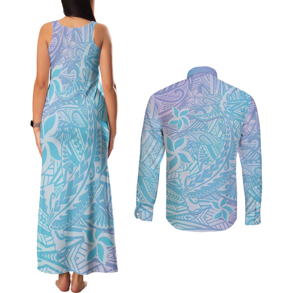 Baby Blue Gradient Polynesia Couples Matching Tank Maxi Dress and Long Sleeve Button Shirt Hawaiian Tribal Hammerhead Shark Tattoo LT14 - Polynesian Pride