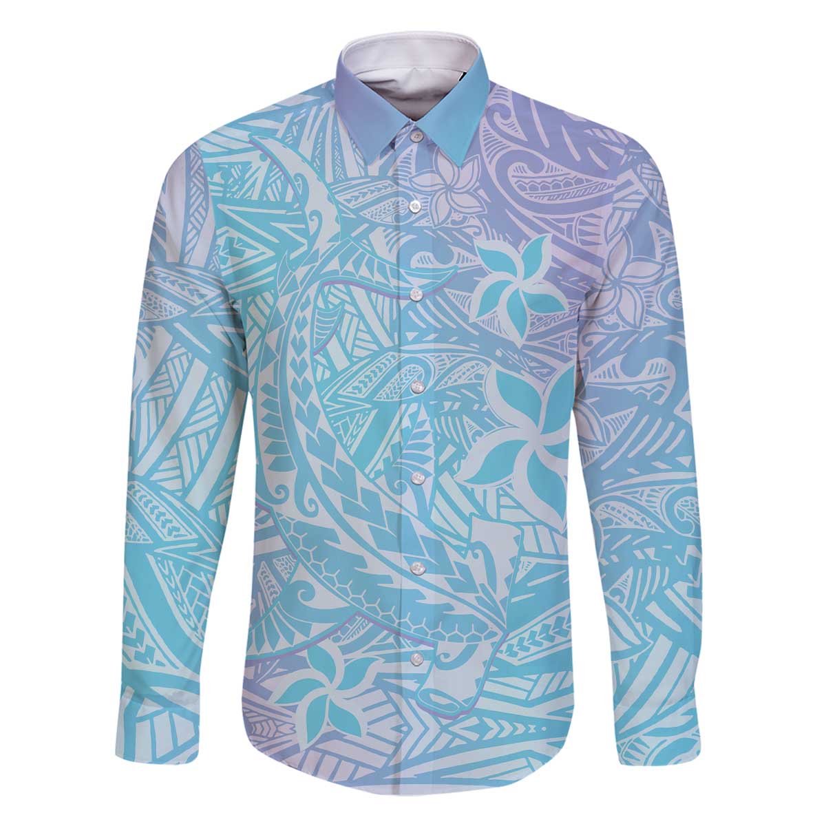 Baby Blue Gradient Polynesia Family Matching Off Shoulder Short Dress and Hawaiian Shirt Hawaiian Tribal Hammerhead Shark Tattoo