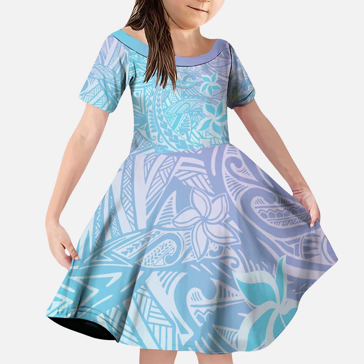 Baby Blue Gradient Polynesia Family Matching Puletasi and Hawaiian Shirt Hawaiian Tribal Hammerhead Shark Tattoo LT14 Daughter's Dress Baby Blue - Polynesian Pride