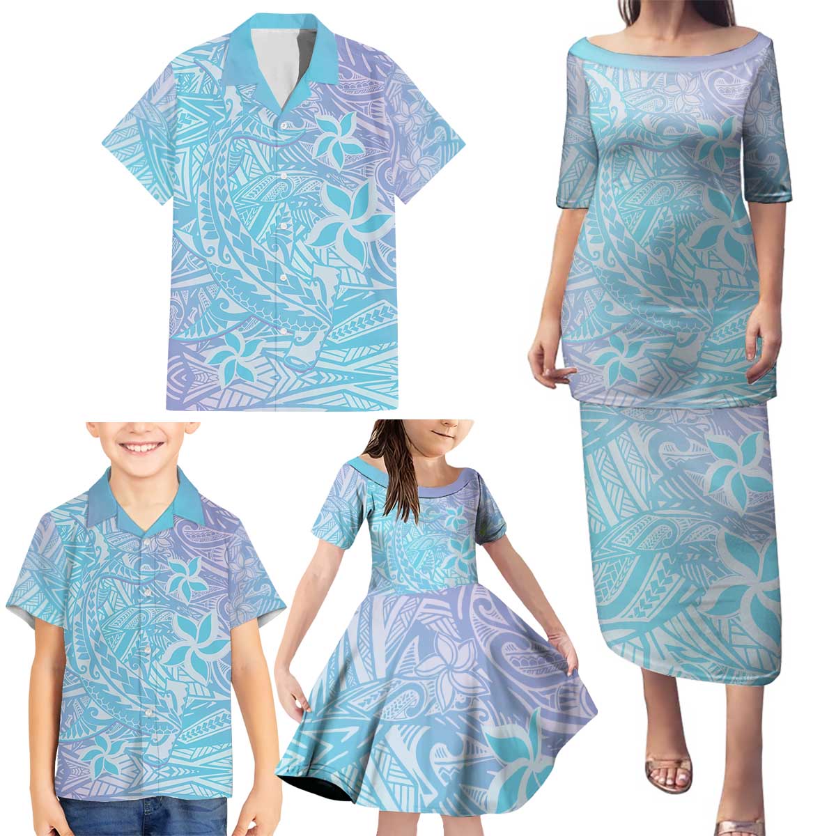 Baby Blue Gradient Polynesia Family Matching Puletasi and Hawaiian Shirt Hawaiian Tribal Hammerhead Shark Tattoo LT14 - Polynesian Pride