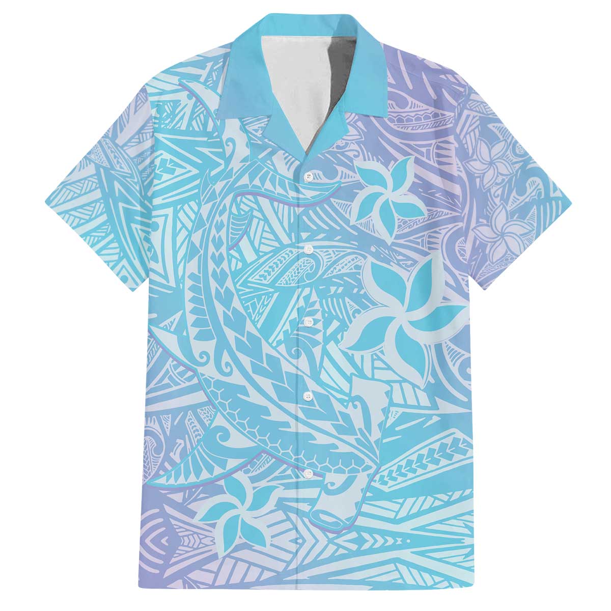 Baby Blue Gradient Polynesia Family Matching Puletasi and Hawaiian Shirt Hawaiian Tribal Hammerhead Shark Tattoo LT14 Dad's Shirt - Short Sleeve Baby Blue - Polynesian Pride