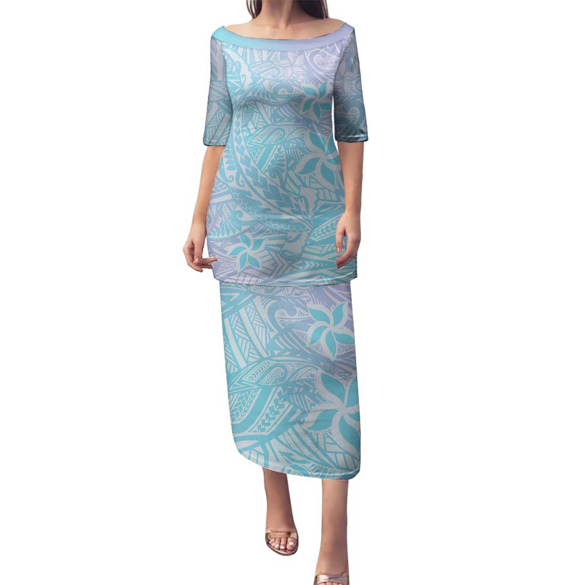 Baby Blue Gradient Polynesia Family Matching Puletasi and Hawaiian Shirt Hawaiian Tribal Hammerhead Shark Tattoo LT14 Mom's Dress Baby Blue - Polynesian Pride