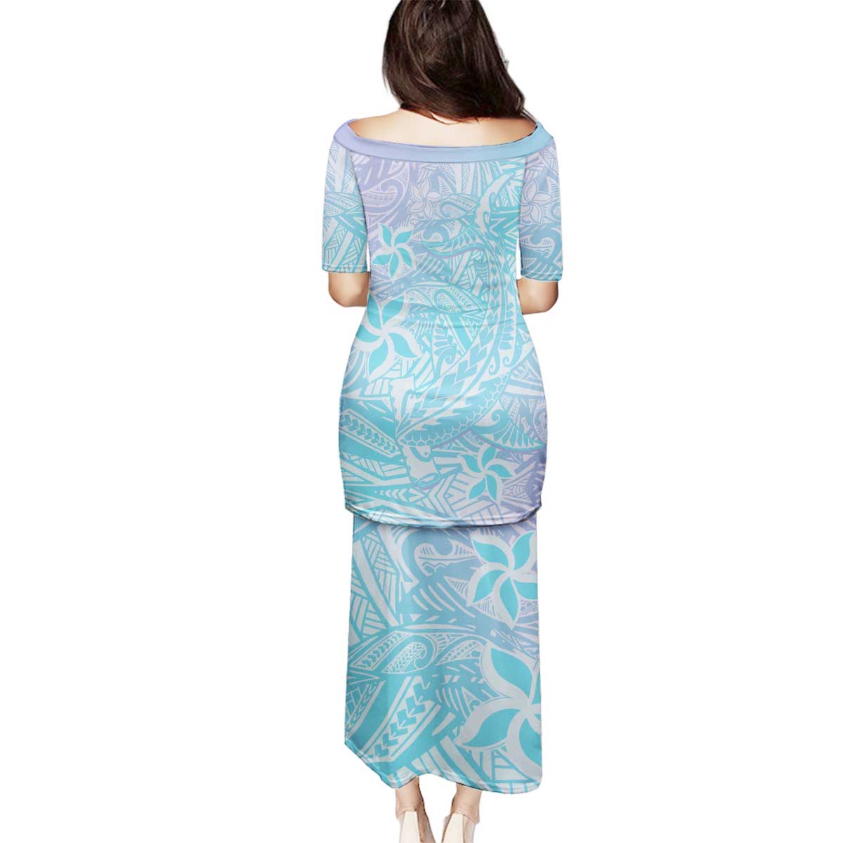 Baby Blue Gradient Polynesia Family Matching Puletasi and Hawaiian Shirt Hawaiian Tribal Hammerhead Shark Tattoo LT14 - Polynesian Pride