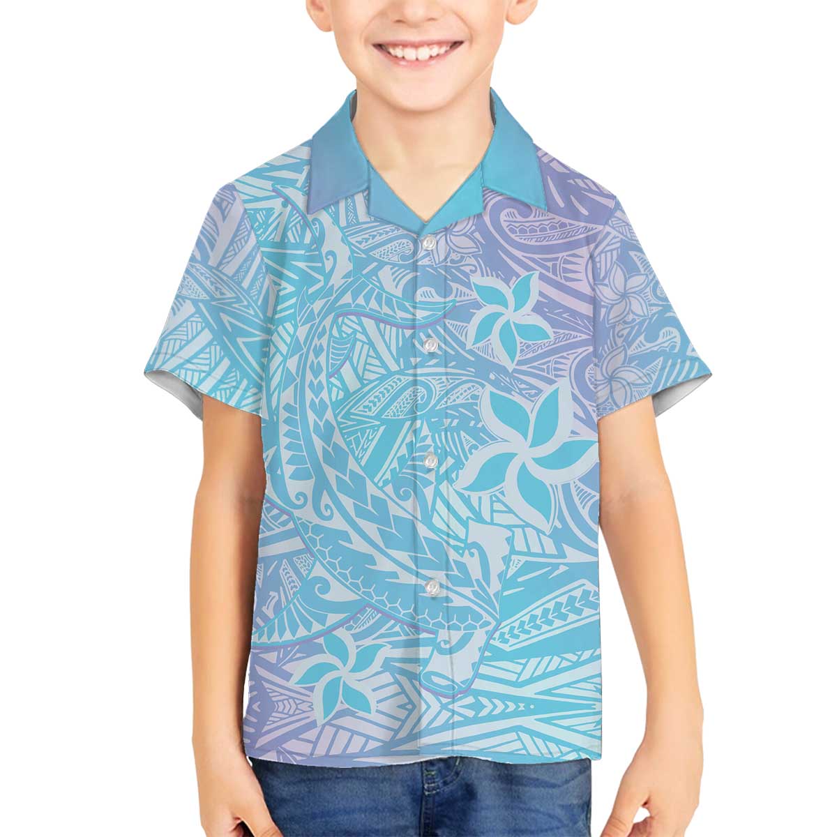 Baby Blue Gradient Polynesia Family Matching Puletasi and Hawaiian Shirt Hawaiian Tribal Hammerhead Shark Tattoo LT14 Son's Shirt Baby Blue - Polynesian Pride