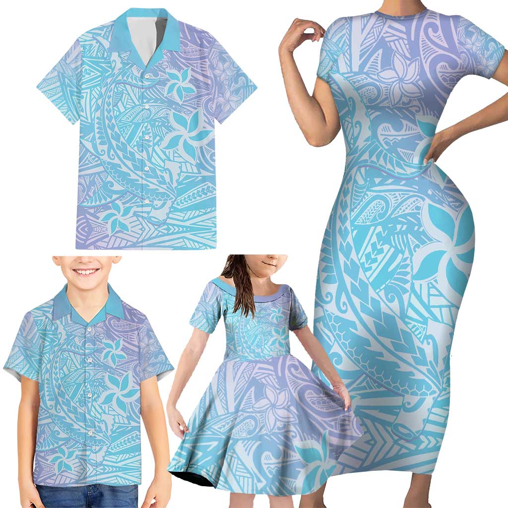 Baby Blue Gradient Polynesia Family Matching Short Sleeve Bodycon Dress and Hawaiian Shirt Hawaiian Tribal Hammerhead Shark Tattoo LT14 - Polynesian Pride