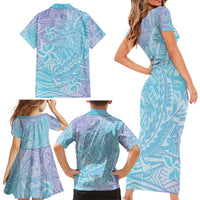 Baby Blue Gradient Polynesia Family Matching Short Sleeve Bodycon Dress and Hawaiian Shirt Hawaiian Tribal Hammerhead Shark Tattoo LT14 - Polynesian Pride