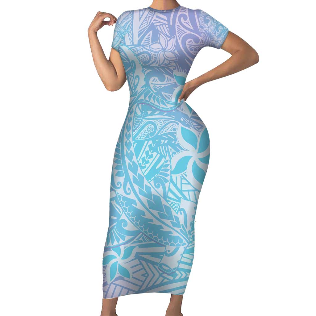 Baby Blue Gradient Polynesia Family Matching Short Sleeve Bodycon Dress and Hawaiian Shirt Hawaiian Tribal Hammerhead Shark Tattoo LT14 Mom's Dress Baby Blue - Polynesian Pride
