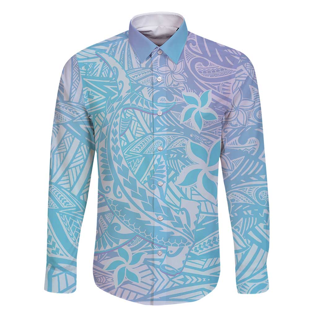 Baby Blue Gradient Polynesia Family Matching Summer Maxi Dress and Hawaiian Shirt Hawaiian Tribal Hammerhead Shark Tattoo