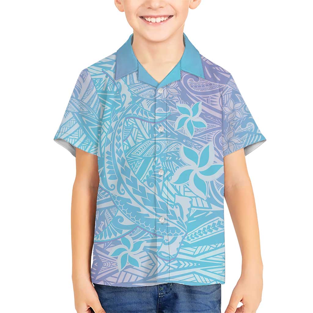 Baby Blue Gradient Polynesia Kid Hawaiian Shirt Hawaiian Tribal Hammerhead Shark Tattoo LT14 Kid Baby Blue - Polynesian Pride