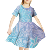Baby Blue Gradient Polynesia Kid Short Sleeve Dress Hawaiian Tribal Hammerhead Shark Tattoo