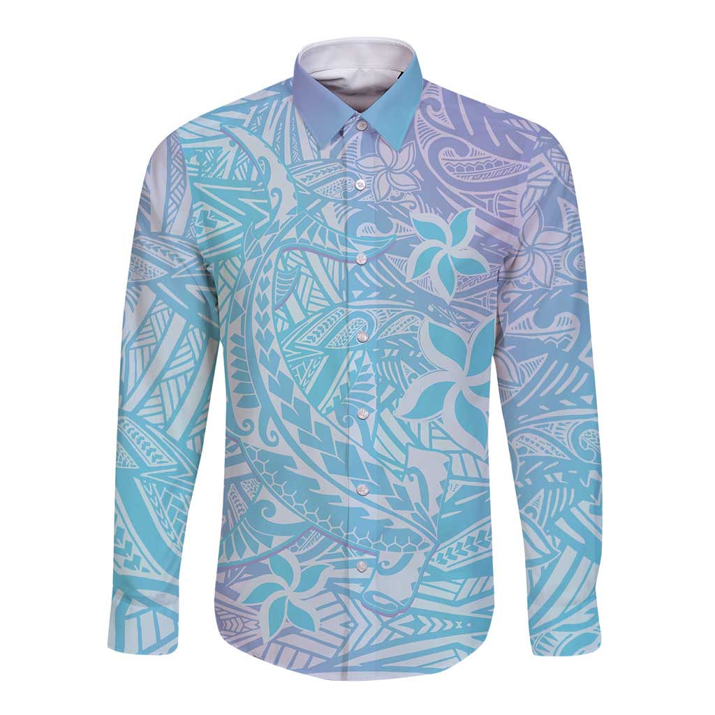 Baby Blue Gradient Polynesia Long Sleeve Button Shirt Hawaiian Tribal Hammerhead Shark Tattoo LT14 Unisex Baby Blue - Polynesian Pride