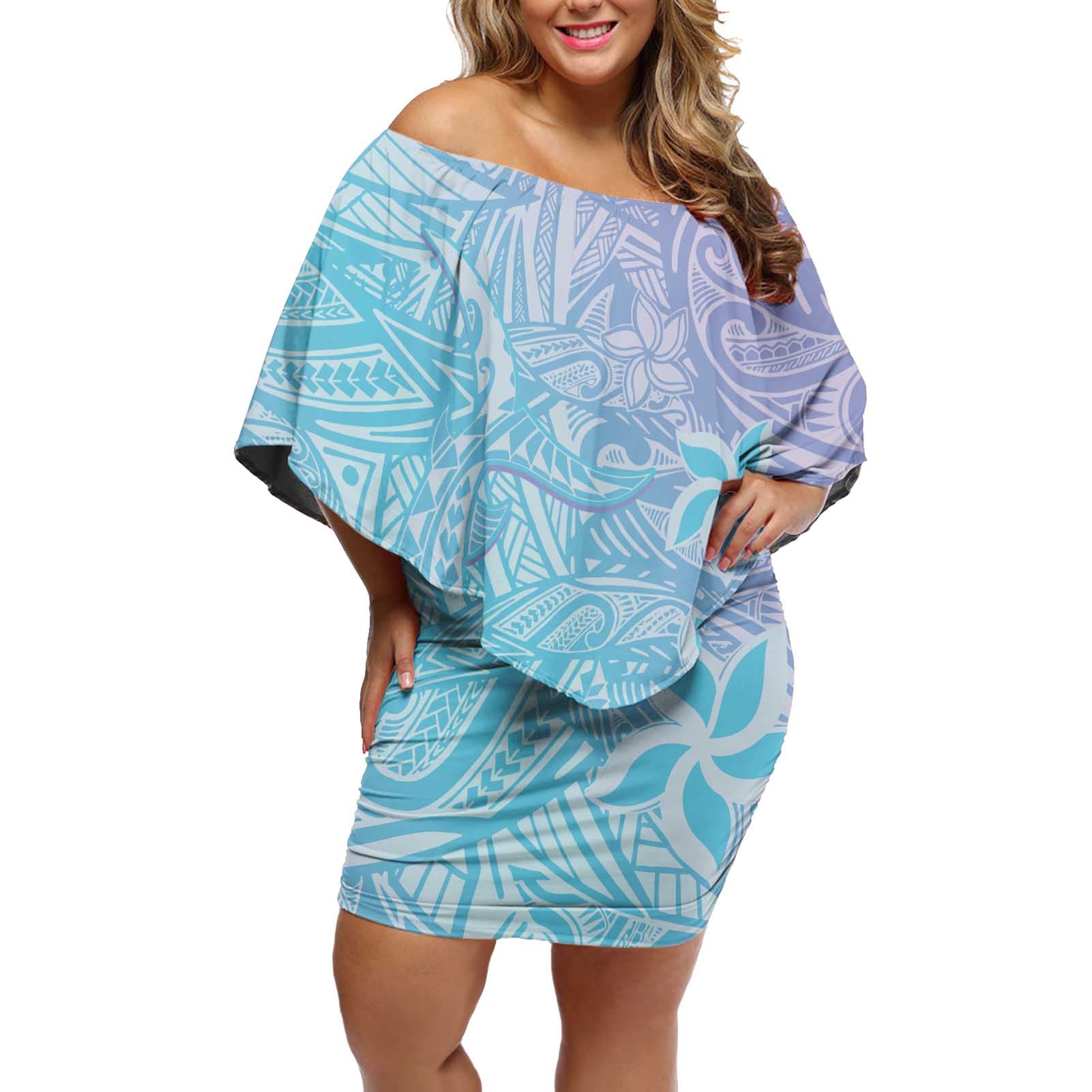 Baby Blue Gradient Polynesia Off Shoulder Short Dress Hawaiian Tribal Hammerhead Shark Tattoo