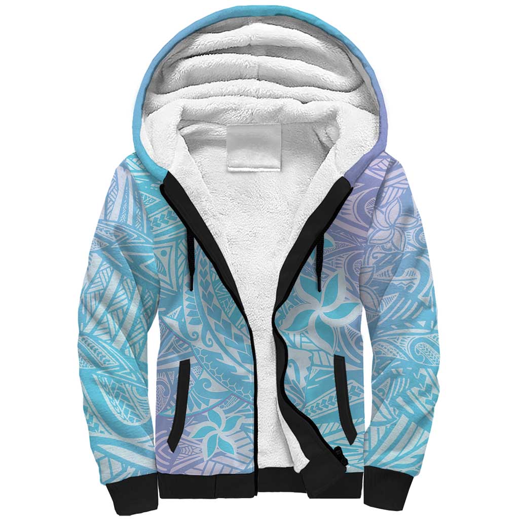 Baby Blue Gradient Polynesia Sherpa Hoodie Hawaiian Tribal Hammerhead Shark Tattoo