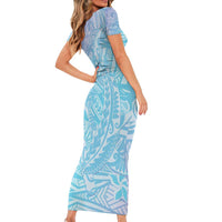 Baby Blue Gradient Polynesia Short Sleeve Bodycon Dress Hawaiian Tribal Hammerhead Shark Tattoo
