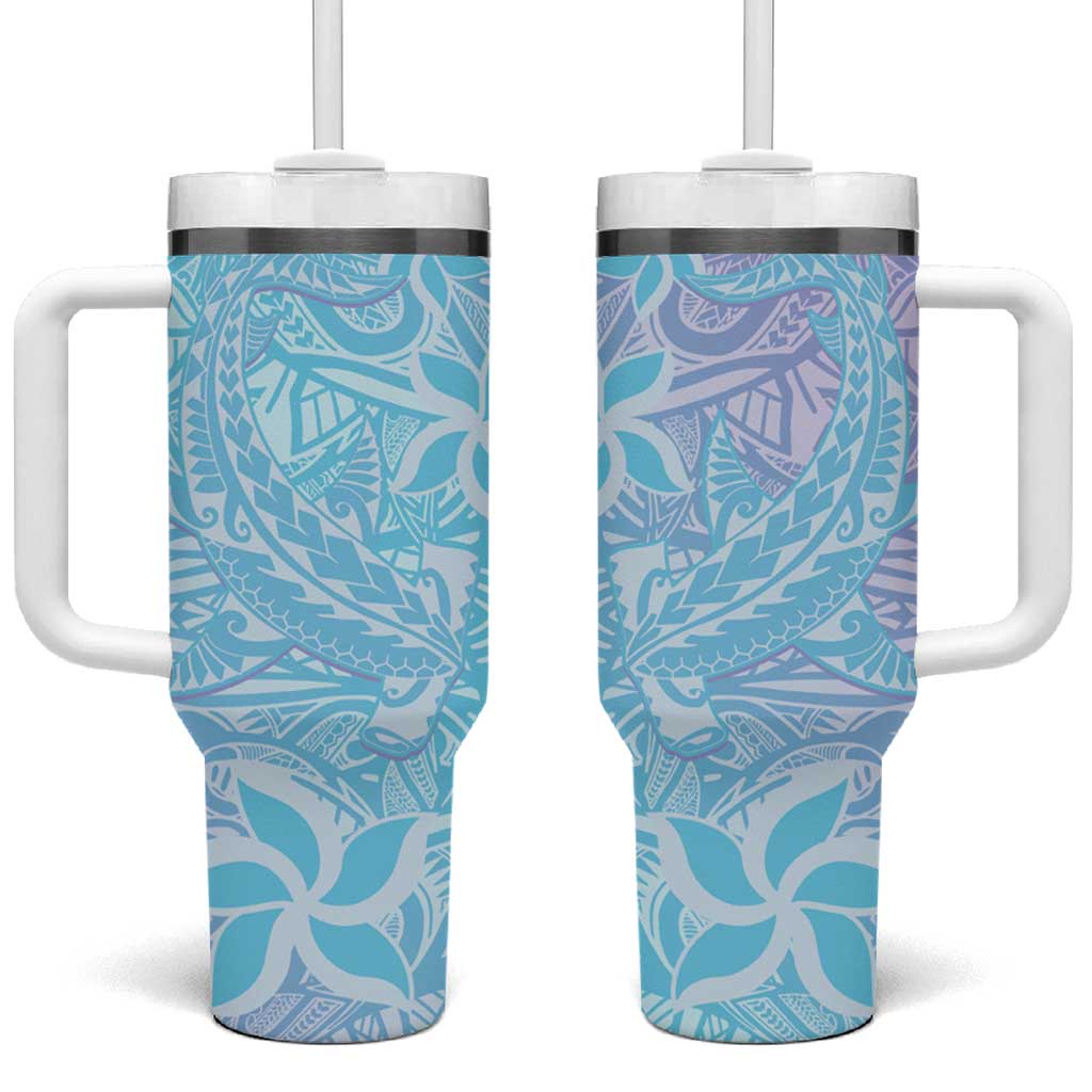 Baby Blue Gradient Polynesia Tumbler With Handle Hawaiian Tribal Hammerhead Shark Tattoo