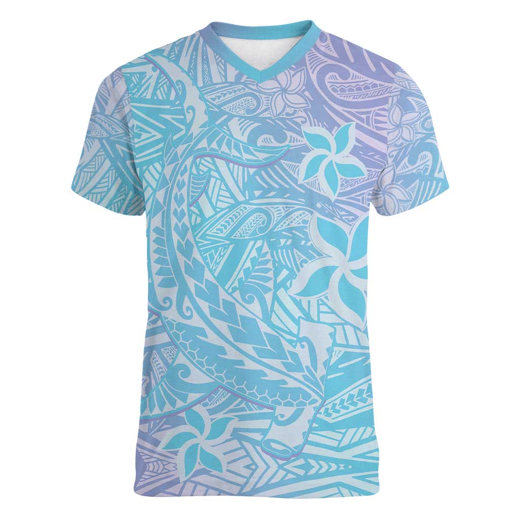 Baby Blue Gradient Polynesia Women V-Neck T-Shirt Hawaiian Tribal Hammerhead Shark Tattoo LT14 Female Baby Blue - Polynesian Pride