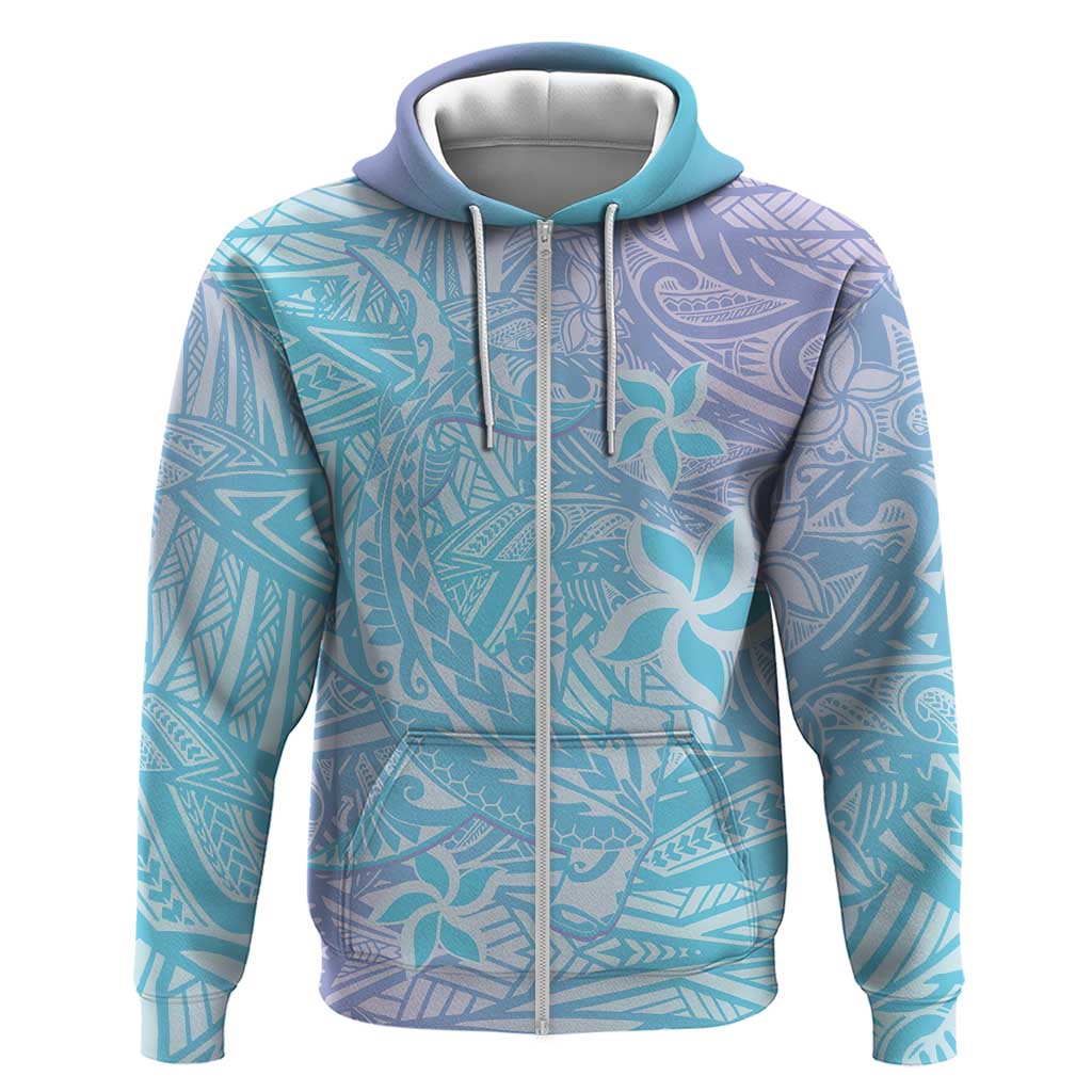 Baby Blue Gradient Polynesia Zip Hoodie Hawaiian Tribal Hammerhead Shark Tattoo