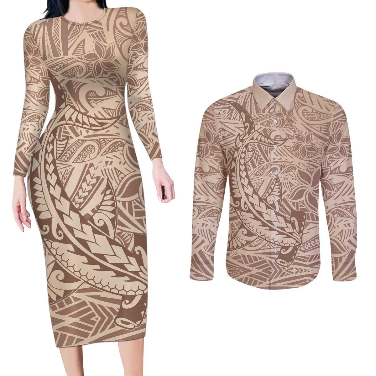Pastel Brown Polynesia Couples Matching Long Sleeve Bodycon Dress and Long Sleeve Button Shirt Hawaiian Tribal Hammerhead Shark Tattoo LT14 Pastel Brown - Polynesian Pride