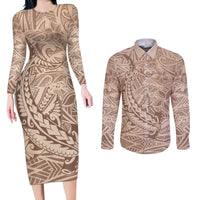 Pastel Brown Polynesia Couples Matching Long Sleeve Bodycon Dress and Long Sleeve Button Shirt Hawaiian Tribal Hammerhead Shark Tattoo LT14 Pastel Brown - Polynesian Pride