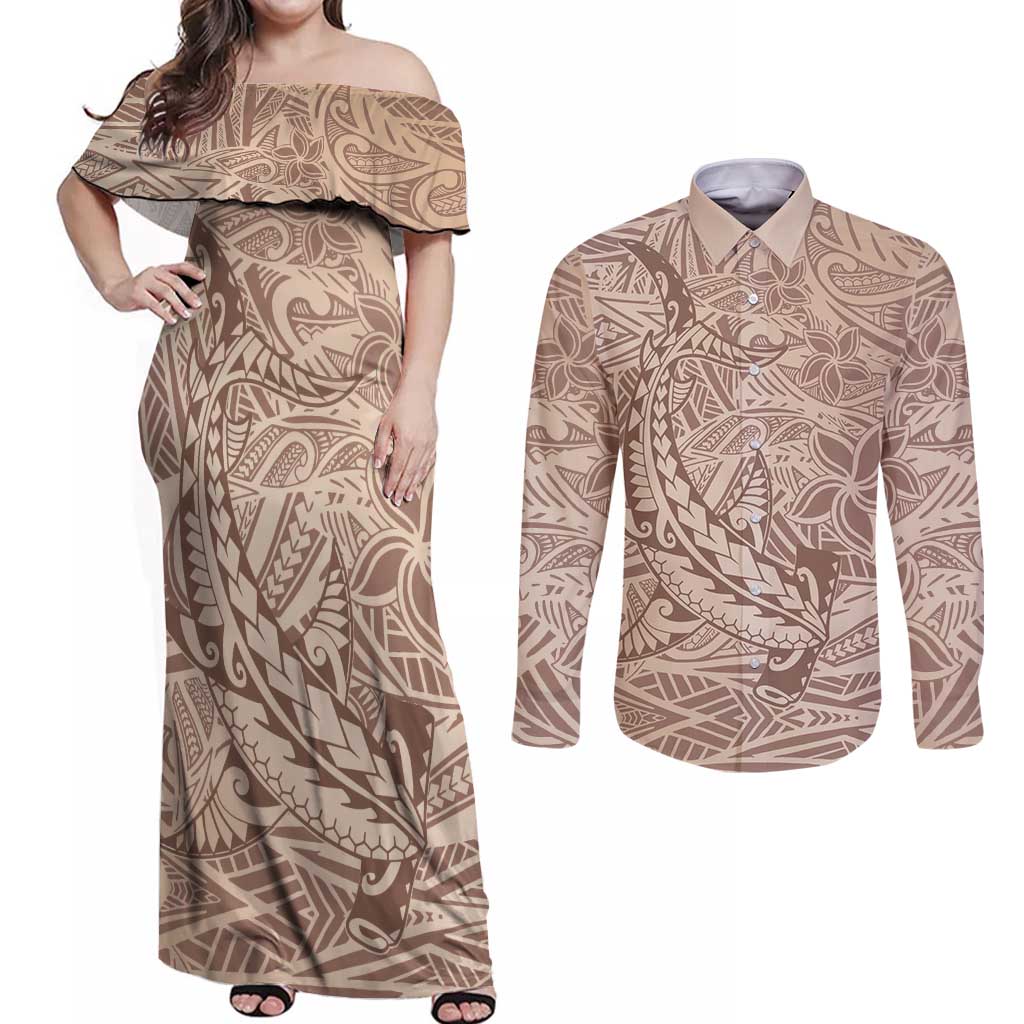 Pastel Brown Polynesia Couples Matching Off Shoulder Maxi Dress and Long Sleeve Button Shirt Hawaiian Tribal Hammerhead Shark Tattoo LT14 Pastel Brown - Polynesian Pride