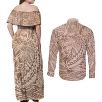 Pastel Brown Polynesia Couples Matching Off Shoulder Maxi Dress and Long Sleeve Button Shirt Hawaiian Tribal Hammerhead Shark Tattoo LT14 - Polynesian Pride
