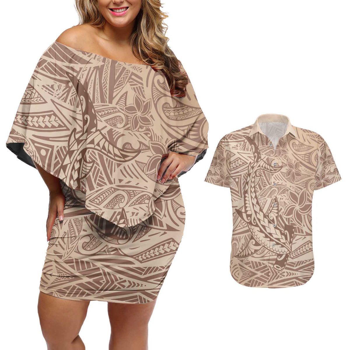 Pink Gradient Polynesia Couples Matching Off Shoulder Short Dress and Hawaiian Shirt Hawaiian Tribal Hammerhead Shark Tattoo