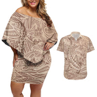 Pink Gradient Polynesia Couples Matching Off Shoulder Short Dress and Hawaiian Shirt Hawaiian Tribal Hammerhead Shark Tattoo