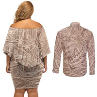 Pastel Brown Polynesia Couples Matching Off Shoulder Short Dress and Long Sleeve Button Shirt Hawaiian Tribal Hammerhead Shark Tattoo LT14 - Polynesian Pride