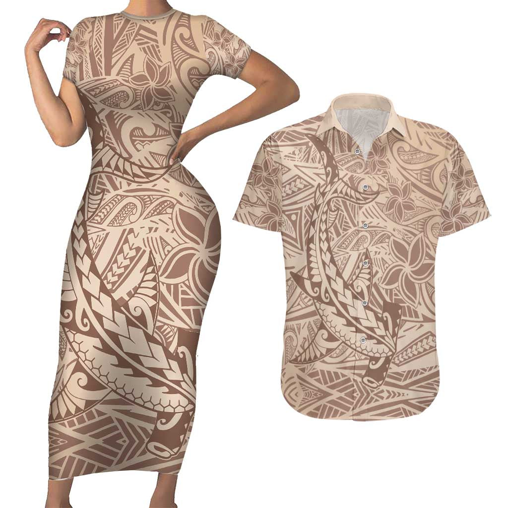 Pastel Brown Polynesia Couples Matching Short Sleeve Bodycon Dress and Hawaiian Shirt Hawaiian Tribal Hammerhead Shark Tattoo LT14
