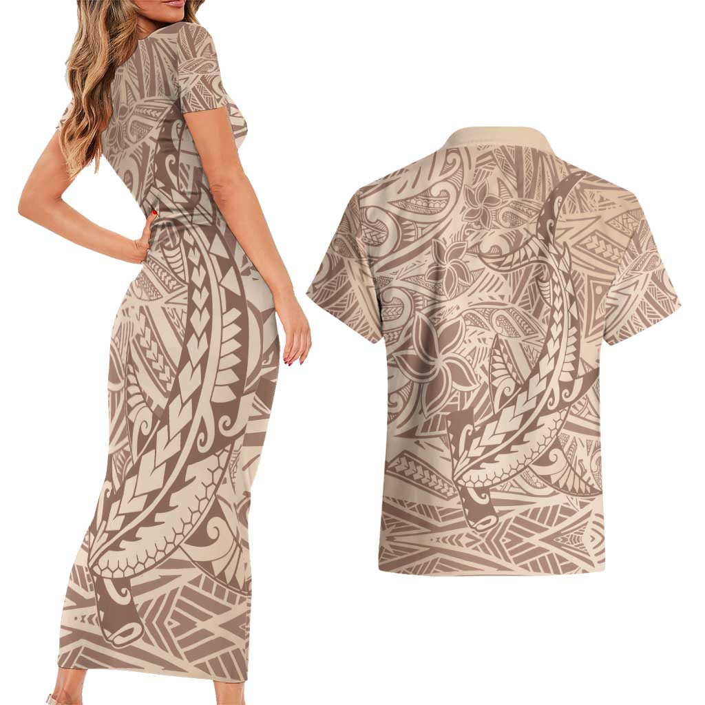 Pastel Brown Polynesia Couples Matching Short Sleeve Bodycon Dress and Hawaiian Shirt Hawaiian Tribal Hammerhead Shark Tattoo LT14