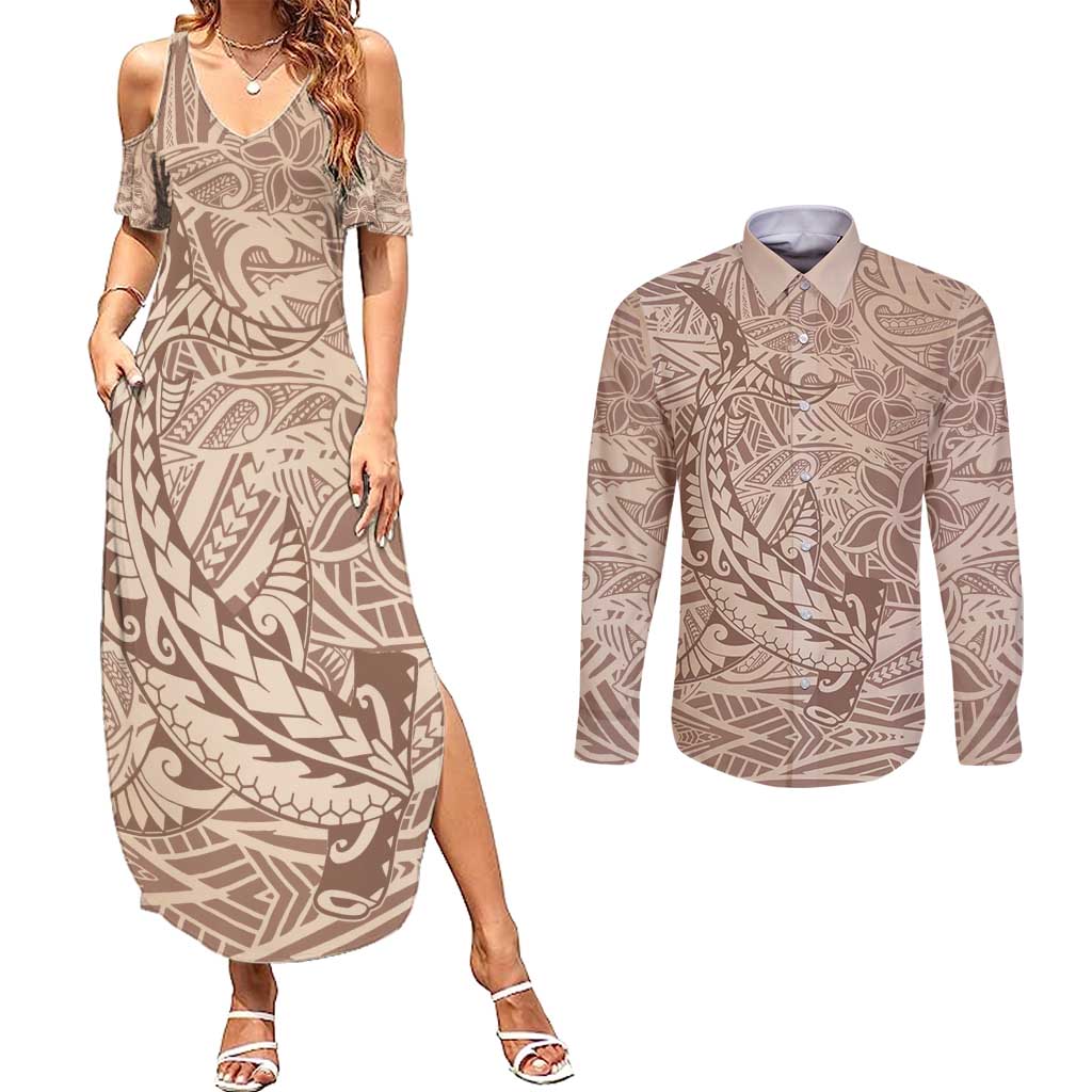 Pastel Brown Polynesia Couples Matching Summer Maxi Dress and Long Sleeve Button Shirt Hawaiian Tribal Hammerhead Shark Tattoo LT14 Pastel Brown - Polynesian Pride