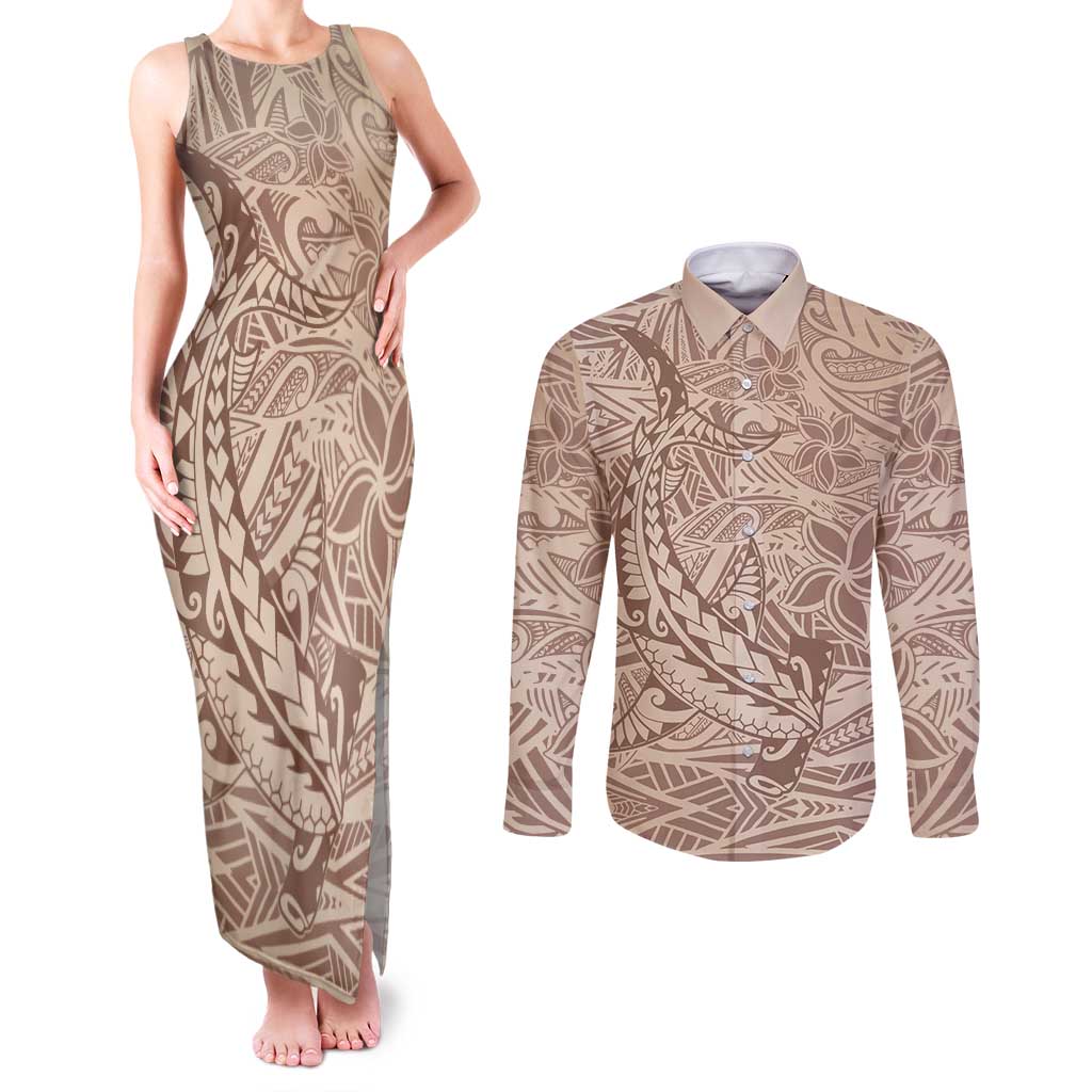 Pink Gradient Polynesia Couples Matching Tank Maxi Dress and Long Sleeve Button Shirt Hawaiian Tribal Hammerhead Shark Tattoo