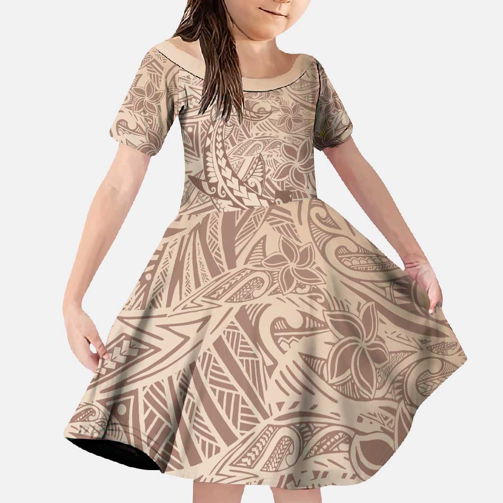 Pastel Brown Polynesia Family Matching Short Sleeve Bodycon Dress and Hawaiian Shirt Hawaiian Tribal Hammerhead Shark Tattoo LT14 Daughter's Dress Pastel Brown - Polynesian Pride