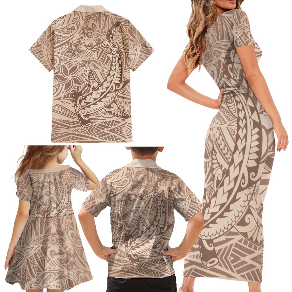 Pastel Brown Polynesia Family Matching Short Sleeve Bodycon Dress and Hawaiian Shirt Hawaiian Tribal Hammerhead Shark Tattoo LT14 - Polynesian Pride